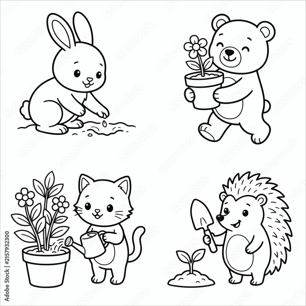 Fototapeta premium Cute Gardening Animals Vector Coloring Pages with Rabbit, Bear, Kitten and Hedgehog 