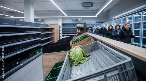 Depleted supermarket shelves with empty plastic crates and one lettuce head during food scarcity