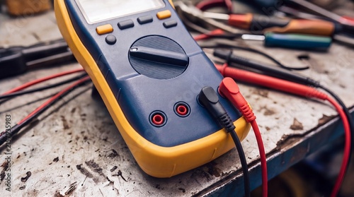 Digital multimeter with probes on a workbench. Electrical testing and voltage measurement for automotive mechanic repair, diagnostics, maintenance, and engineering workshop.