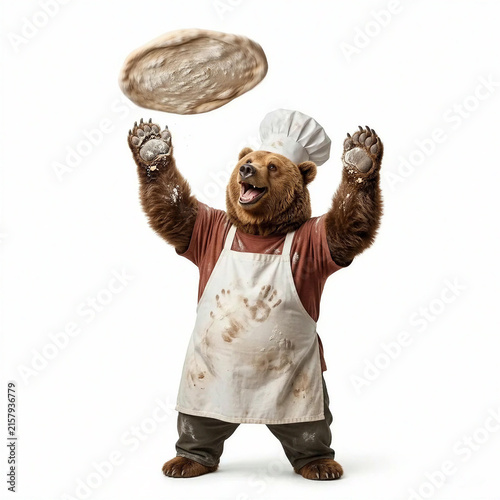 Bear Chef Pizza Toss Cooking Character Isolated White - Generative AI