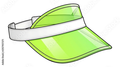 Lime Green Transparent Plastic Sun Visor Hat Vector Illustration, White Adjustable Strap Headwear Technical Flat Sketch Isolated on White Background for Fashion Design Templates