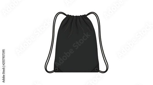 Black Drawstring Bag Vector Illustration Mockup, Gym Sackpack Technical Flat Sketch, Blank Cinch Bag Template for Branding Isolated on White Background