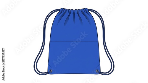 Blue Drawstring Bag Mockup Vector Illustration, Royal Blue Sports Gym Sackpack Template with Rope Straps, Fashion Technical Flat Sketch for Brand Identity Design, Isolated on White Background.