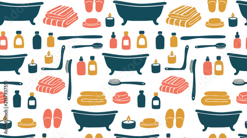 Retro Bath and Wellness Seamless Pattern with Self Care Icons