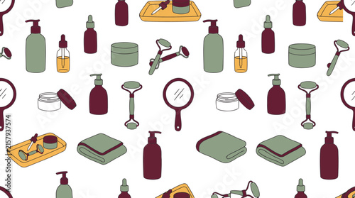 Seamless Beauty Cosmetics Pattern with Makeup and Skincare Items