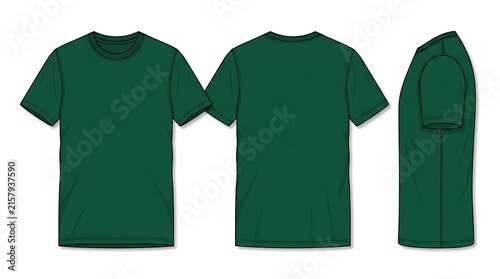 Dark Green T-shirt Technical Vector Illustration Template - Front Back and Side View Blank Crew Neck Tee Mockup Isolated on White Background for Fashion Design and Branding