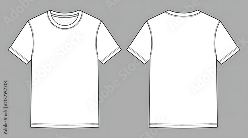 White Short Sleeve T-Shirt Front and Back View Vector Illustration, Blank Crew Neck Technical Sketch, Fashion Flat CAD Template for Apparel Design, Professional Garment Drawing on Gray Background