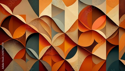 abstract geometric pattern with curved shapes and textured surfaces in warm earthy tones