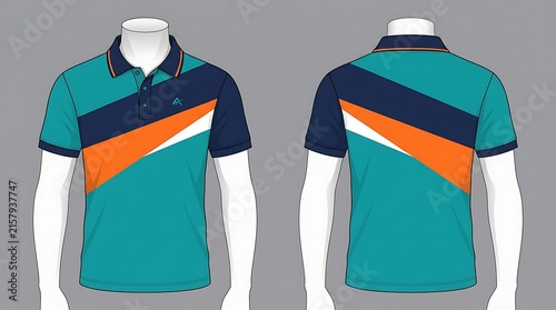 Custom Polo Shirt Design Vector Template with Teal Navy Blue and Orange Diagonal Stripes Front and Back View Mockup for Corporate Uniform or Team Sportswear Isolated on Gray Background