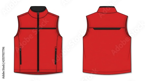 Red Sleeveless Vest Technical Sketch Mockup, Front and Back View of Sporty Gilet Jacket with Zipper and Pockets, Isolated Vector Illustration for Fashion Design and Apparel Tech Pack