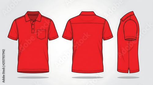 Red Men's Polo Shirt Technical Vector Template, Front Back and Side Views, Short Sleeve Polo with Pocket, Isolated Flat Apparel Mockup for Branding and Uniform Design, High Quality Garment Sketch