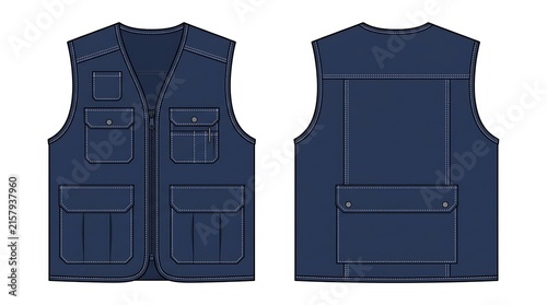 Navy Blue Utility Workwear Vest Technical Flat Sketch Vector Illustration with Multi-Pockets Front and Back View Isolated on White Background for Fashion Design and Manufacturing Mockup