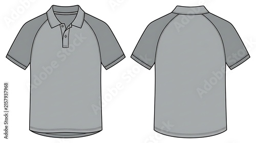 Gray Raglan Sleeve Polo Shirt Mockup Vector Illustration, Technical Flat Fashion Sketch Front and Back View, Short Sleeve Sporty Polo T-shirt Design Isolated on White for Apparel Design
