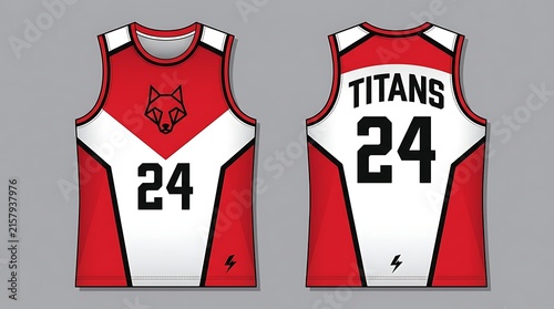Basketball Jersey Design Template Vector Illustration with Front and Back View, Red and White Sports Uniform Mockup with Wolf Logo and Titans Number 24 for Team Apparel Branding