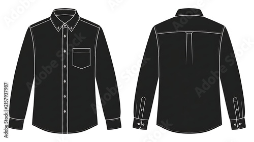 Black Long Sleeve Men's Shirt Technical Flat Sketch Vector Illustration, Front and Back View Dress Shirt Mockup with Contrast White Stitching isolated on White Background for Fashion Design