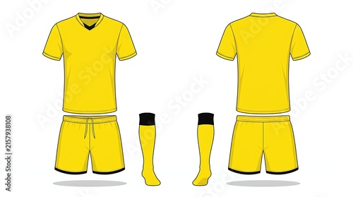 Yellow and Black Soccer Kit Vector Illustration, Football Jersey Shorts and Socks Mockup Set, Front and Back View Team Apparel Design Template, Isolated on White Background
