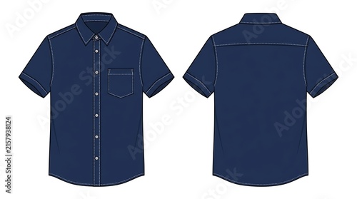 Navy Blue Short Sleeve Button Down Shirt Technical Flat Sketch Vector Illustration, Front and Back View Mockup Template for Fashion Design Apparel Isolated on White Background