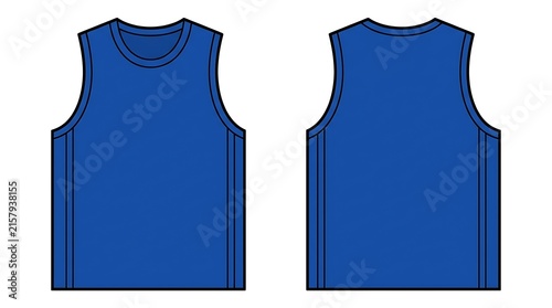 Blue Sleeveless Tank Top Vector Template, Front and Back View Basketball Jersey Mockup, Athletic Sportswear Flat Sketch Technical Drawing Isolated on White Background for Apparel Design