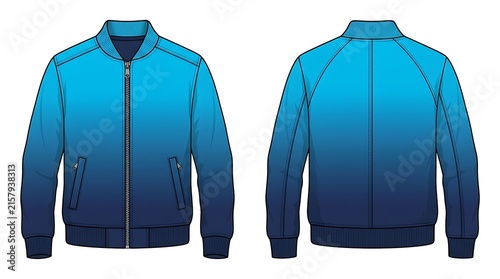 Blue Gradient Bomber Jacket Technical Vector Illustration Front and Back View, Fashion Flat Sketch for Streetwear Apparel Design, Outerwear Mockup Template Isolated on White Background