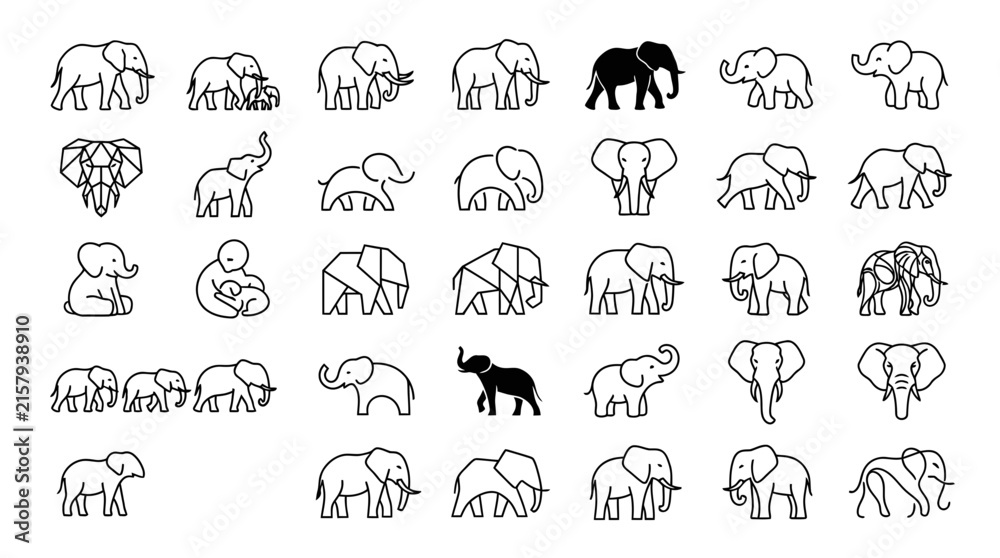 Obraz premium Collection of minimalist elephant line art icons.