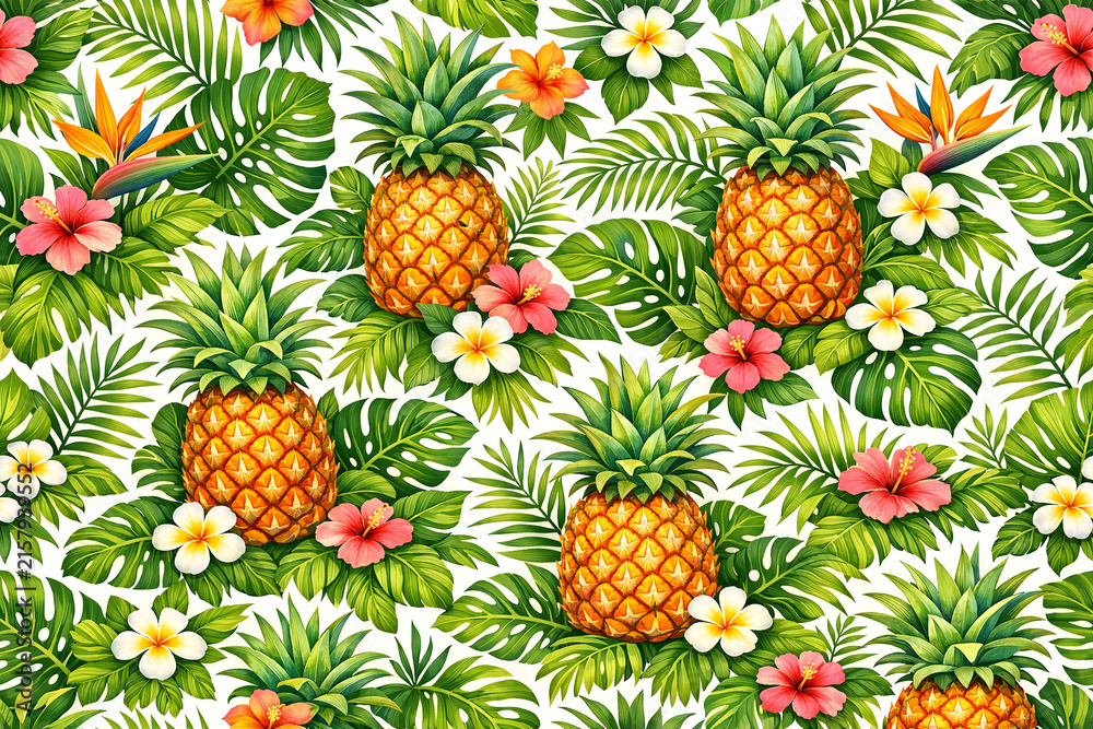 Fototapeta premium Tropical Pineapple Palm Tree Island Pattern