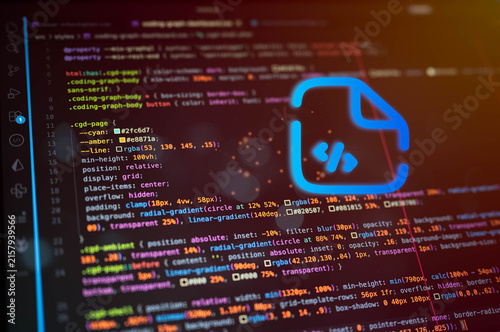 Software development concept with glowing code file icon over colorful source code, representing web programming, coding workflow, frontend development, application engineering and digital technology.