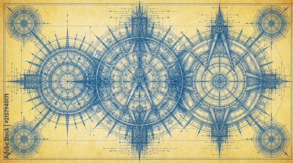 Naklejka premium Detailed architectural blueprint design with compass rose elements. Technical illustration shows complex geometric patterns and structural planning with precision drafting tools and lines.