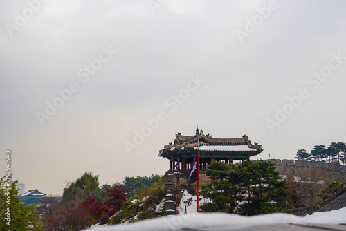 Snow covered pavilion at Suwon Hwaseong Fortress