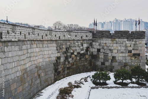 Snowy Suwon Hwaseong Fortress brick wall details
