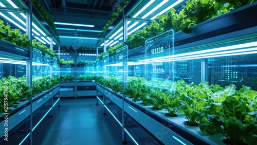 Futuristic Indoor Vertical Farm, Holographic Agritech Data.