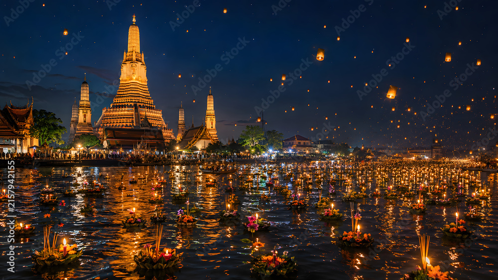 Obraz premium Loy Krathong Festival at Thai Riverside Temple with Floating Candles and Sky Lanterns