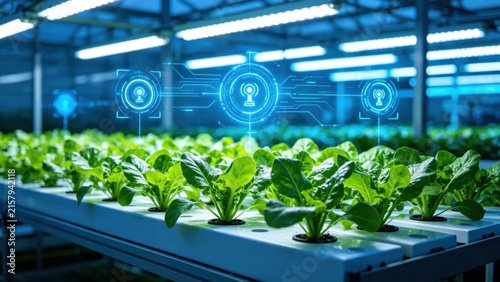 High Tech Greenhouse LED Lights, Smart Agritech Monitoring Interface.