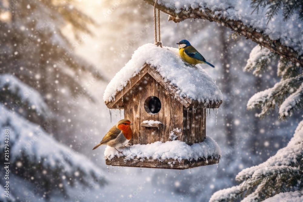 Naklejka premium Snowy birdhouse with colorful birds.