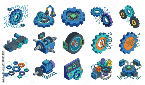 Engineering mechanism elements collection featuring isometric gear wheels microchips electric motors digital control panels and cyber physical system graphics on white background
