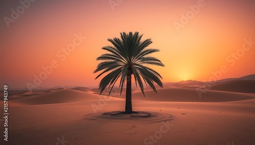 Single palm tree in vast desert sand dunes during warm glowing sunrise light
