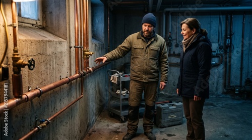 Property manager reviews completed winter pipe repair