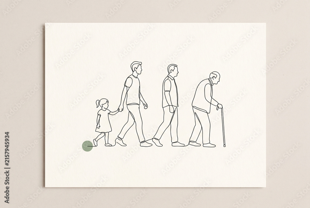 Fototapeta premium Aging Life Stages Minimal Line Art Family Generations on Paper