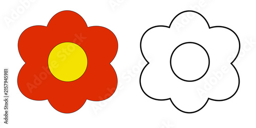 Minimalist floral illustration featuring a bold red  flower with yellow center and a matching outlined flower on a transparent background. Simple decorative botanical design for stationery, crafts