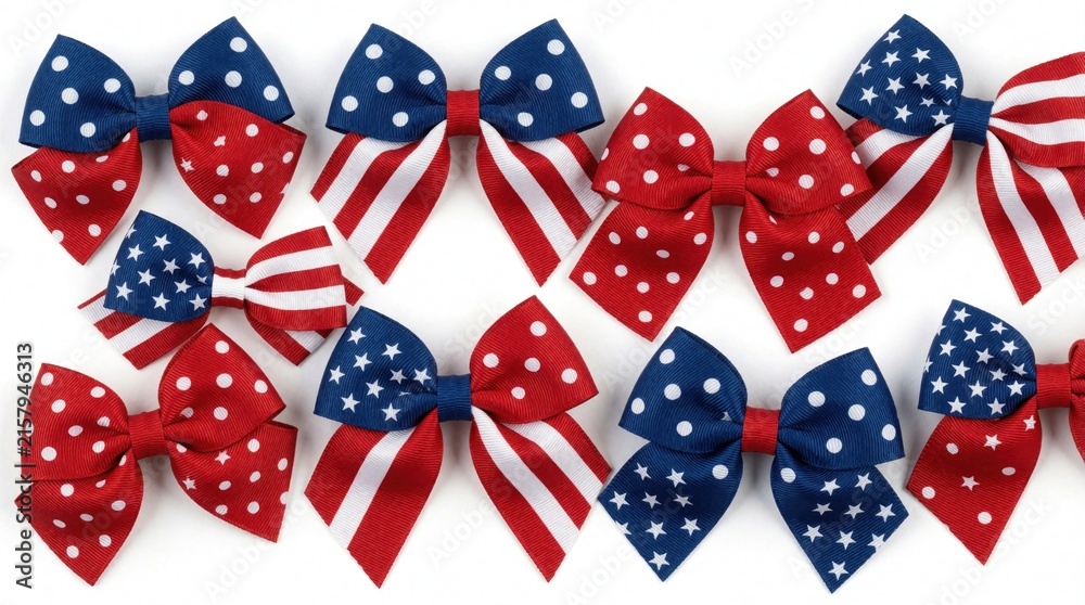 Fototapeta premium Collection of patriotic bows in red white, blue colors with stars stripes, polka dots patterns. Festive hair accessories for holidays like Fourth of July Memorial Day celebrations. Decorative ribbons