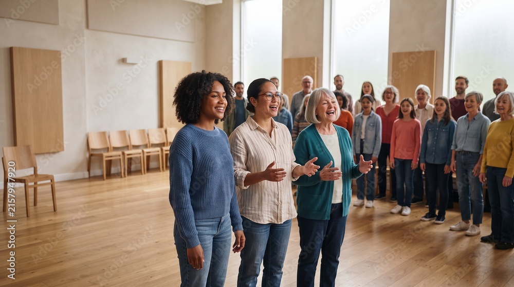 Obraz premium Community choir begins a bright hall rehearsal