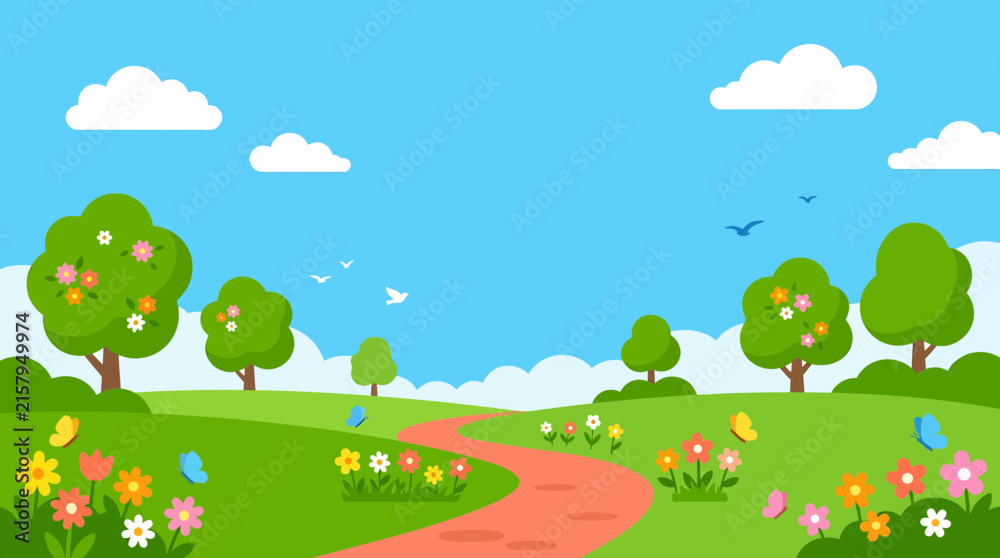 Naklejka premium Colorful cartoon nature landscape with a winding red path, green grass, trees, and flowers under a blue sky with clouds