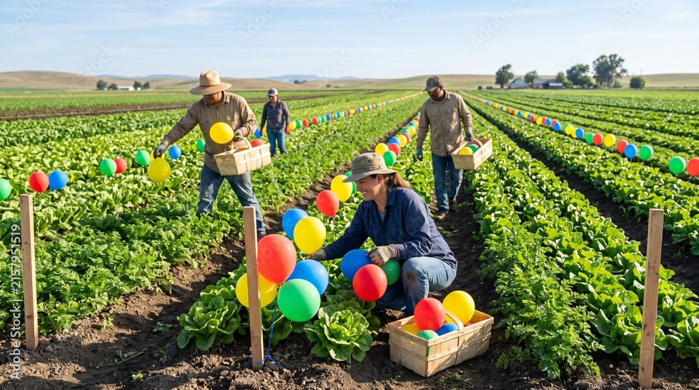 Fototapeta premium Workers begin a balloon harvest across sunny crop rows