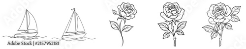 Line art illustrations depict sailboats and blooming roses on a white background