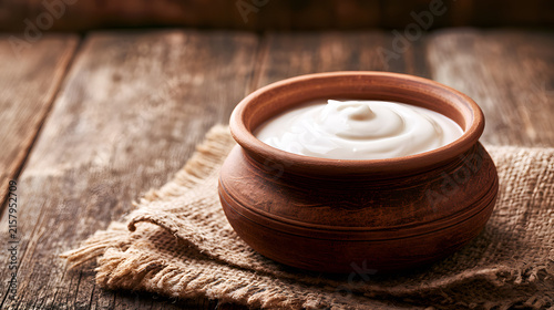 Traditional clay pot filled with fresh homemade yogurt or curd, placed on a rustic burlap cloth against a wooden table background