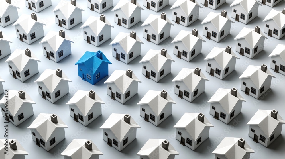 Obraz premium Single bright blue house stands out among many identical white houses. Unique property represents individuality in real estate market. Concept of choosing different home, investment opportunity