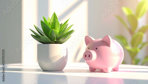 鉢植えの観葉植物とピンクの豚の貯金箱 育てる貯金と積立投資のコピースペース背景