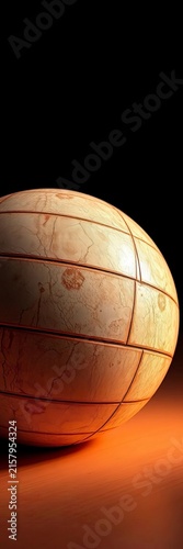 Spherical ball with textured panels and seams, background, white
