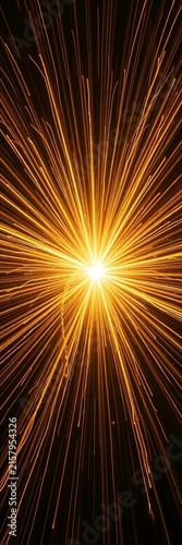 Radiant golden tendrils stretch across the canvas, evoking the explosive energy of a starburst, starburst, glowing