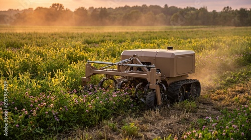 Autonomous cultivator moves through flowering cover crop rows