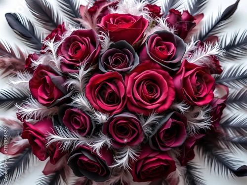 Ethereal bouquet of black and burgundy roses surrounded by delicate feathers on a white background, burgundy, floral